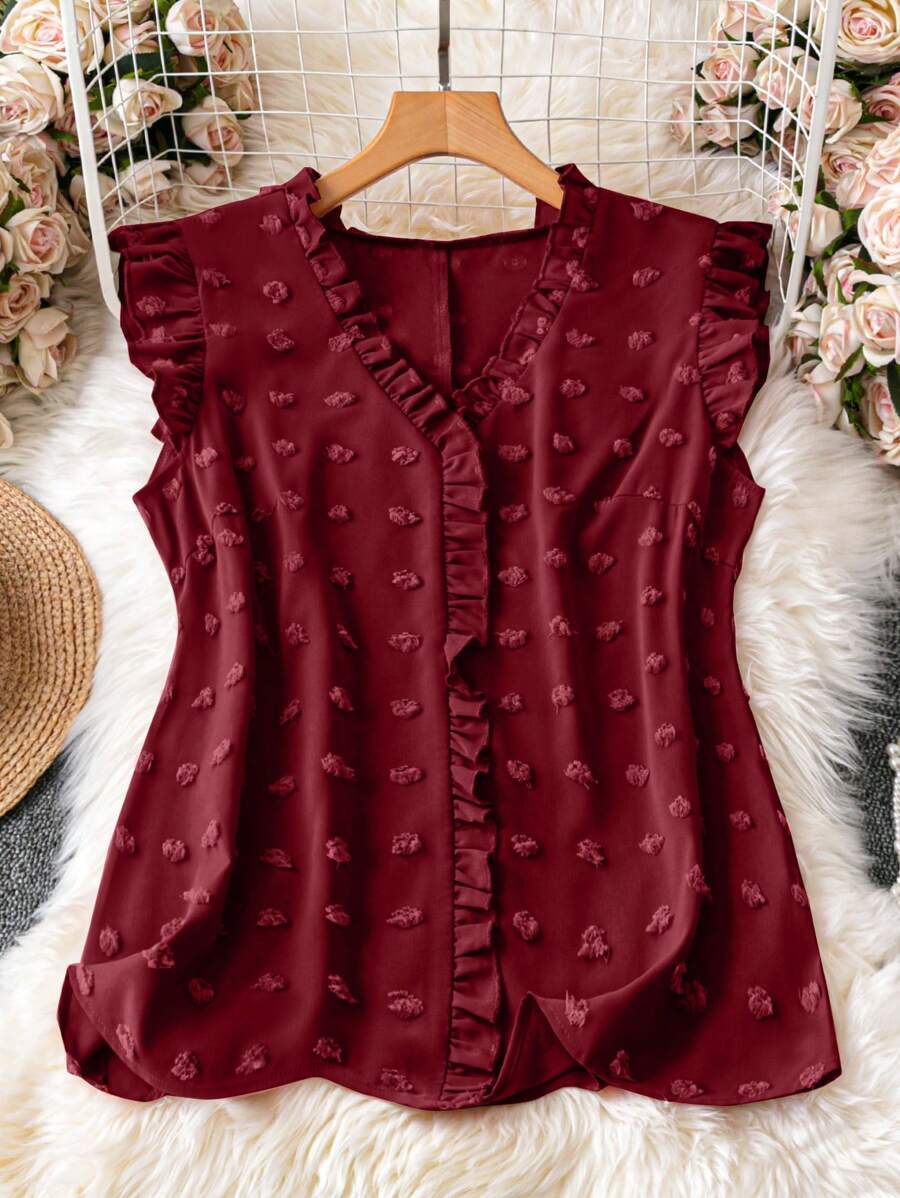 SHEIN LUNE 大码夏季休闲纯色盖袖衬衫 - 酒紅色 - 查看 1