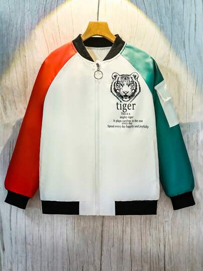 Tween Boys Novelty Tiger Head Print Baseball Collar Jacket, Suitable For Autumn And Winter