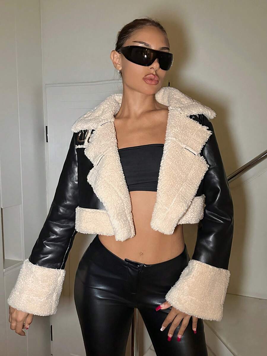 SHEIN ICON Áo khoác mô tô Avant-Garde Streetwear Patchwork Oversized Fluffy cho mùa Thu/Đông - màu đen - Xem 1