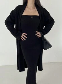 DAZY 2pcs/Set Women Solid Color Tube Dress And Long Sleeve Cardigan Sweater Fall - Black - View 4