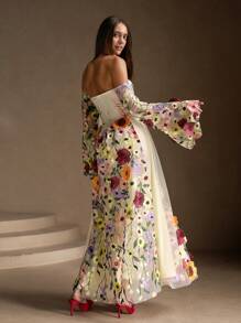 Anewsta 女士优雅露肩喇叭袖碎花连衣裙 - 彩色 - 查看 2