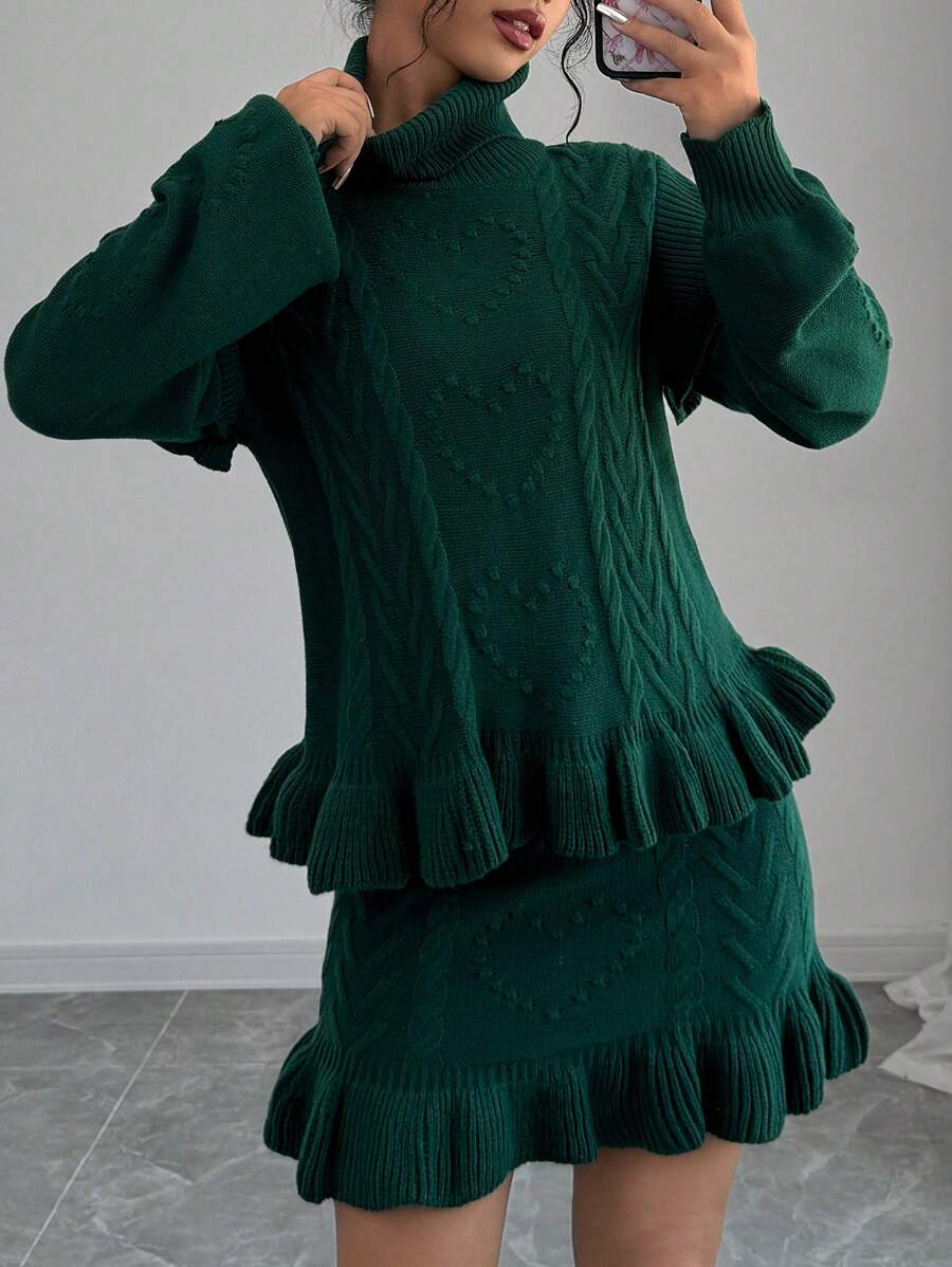 Chiquease 2 pièces/Set Pull à col montant en tricot torsadé élégant et jupe à volants taille haute, tenue d'hiver chic - Vert sapin - Voir 1