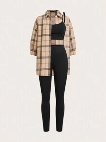 SHEIN Essnce Women's Casual Light Sports Summer Outfit, Sexy & Fashionable Outdoor Cycling Tennis Travel Spaghetti Strap Top Spaghetti Strap Top & Compression Trousers Pants & Plaid Shirt 3pcs/Set