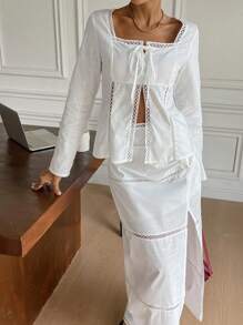 SHEIN Frenchy 2pcs Women White Simple Front Tie Hollow-Out Patchwork Long Sleeve Top & Split Hem Skirt Set,Open Placket Buttons Winter Women Tops And Winter Women Long Skirts Set,New Year Eve Dress Set,Christmas Party Dress,Winter Women Dress,Winter Two Pieces Sets,Ins Blogger Wear, Casual Everyday Wear, Commute, Minimalist, Office, Old Money - White - View 4