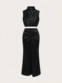 SHEIN X Belinda SHEIN Essnce 2pcs Women Satin Set Elegant Black Summer Night Out Stand Collar Camisole Swing Top And Maxi Skirt Set Christmas New Year Eve Outfit Clothes - Black - View 1