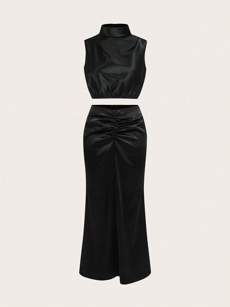 SHEIN X Belinda SHEIN Essnce 2pcs Women Satin Set Elegant Black Summer Night Out Stand Collar Camisole Swing Top And Maxi Skirt Set Christmas New Year Eve Outfit Clothes - Black - View 1