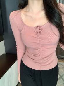 DAZY Lace Decorated Ruched Design Ribbed Knit Slim Fit Pajama Top Fall,Winter - Pink - View 3