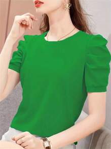 INAWLY Áo thun công sở thường ngày cổ tròn tay bồng ngắn màu trơn dành cho nữ, mùa hè - màu xanh lá - Xem 6