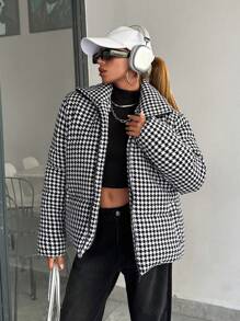 EURMUSE Fashionable Houndstooth Pattern Zip Up Padded Coat - Multicolor - View 1