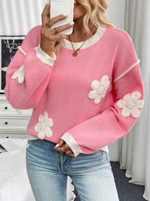 Chiquease 撞色3D立体花卉装饰圆领长袖休闲针织衫，秋冬针织套头衫 - 粉色 - 查看 1