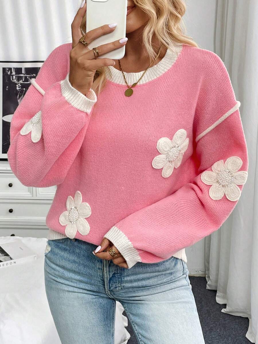 Chiquease 撞色3D立体花卉装饰圆领长袖休闲针织衫，秋冬针织套头衫 - 粉色 - 查看 1