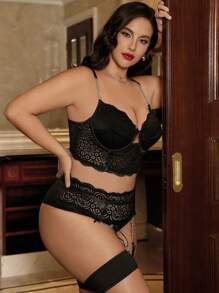 Plus 4pack Floral Lace Chain Detail Bow Garter Underwire Lingerie Set - Black - View 3