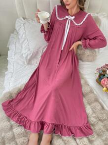 SHEIN Peter Pan Collar Bow-Tied Ribbed Nightgown For Women, Moo Moo Sleep Dress, Fall, Winter - Rusty Rose - View 2