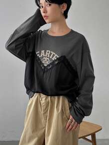 FRIFUL Women's Spring Summer Black Crown & Letter Print Loose 2 In 1 Long Sleeve Casual Lace T-Shirt