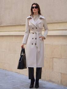 RueChic Premium Quality, Double Button Through, Belted Long Line Trenchcoat - Beige - View 3