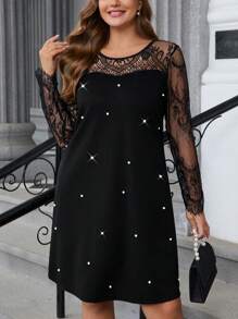 SHEIN Clasi Vestido recto elegante de trabajo, de manga larga, con cuello redondo, detalles de encaje y perlas falsas, informal para mujer de talla grande