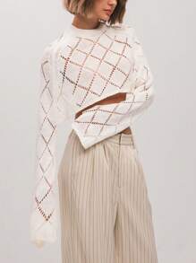 SHEIN X PERLA SHEIN Unity 女士圆领插肩袖镂空短款休闲毛衣，秋冬 - 白色 - 查看 4