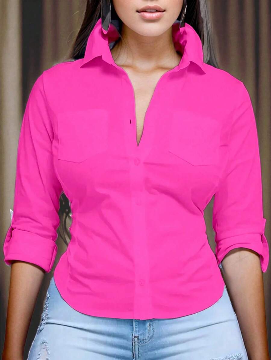 Chiquease 女士纯色衬衫领长袖纽扣前口袋简约休闲上衣