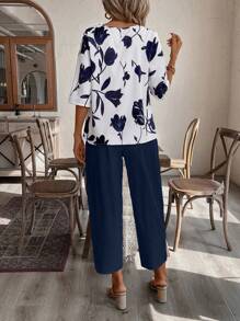 EMERY ROSE Conjunto de camisa y pantalones de longitud hasta el tobillo con estampado floral para mujer
