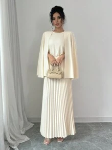 Chiquease 2 件套女士优雅纯色斗篷袖上衣和百褶裙套装，春秋