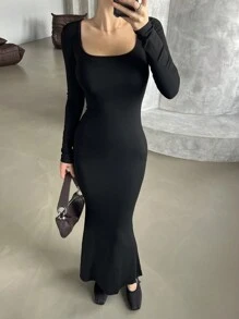 DAZY Women's Mid-Length Square Neck Long Sleeve Bodycon Slim Fit Dress - Black - View 7