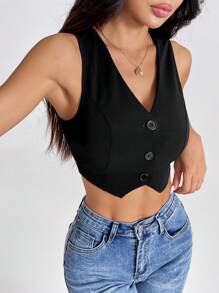 SHEIN PETITE Summer Black Crop Top , Solid Button Front Crop Waistcoat In Fall/Winter - Black - View 5