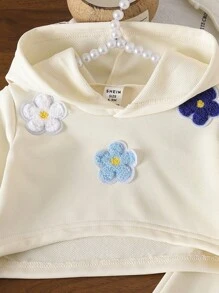 Bộ 3 món/Bộ áo nỉ trùm đầu họa tiết hoa ngắn tay cho bé gái + áo hai dây + quần dài Bộ trang phục mùa thu - Màu be - Xem 5