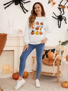 SHEIN Maternity Pumpkin Pattern Round Neck Sweatshirt Long Sleeve, Autumn, For Winter - White - View 6