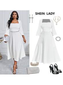 SHEIN Lady Vestido de corte patinador minimalista con cuello cuadrado, mangas largas, decoración metálica y drapeado para dama de honor de talla grande en unicolor. Vestido elegante para invitada de boda de otoño. - Blanco - Ver 1