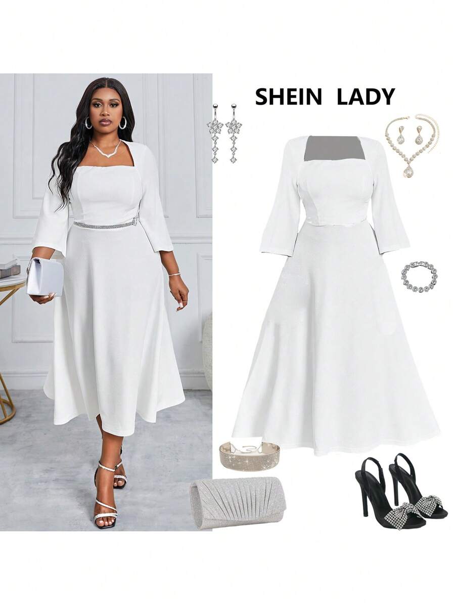 SHEIN Lady Vestido de corte patinador minimalista con cuello cuadrado, mangas largas, decoración metálica y drapeado para dama de honor de talla grande en unicolor. Vestido elegante para invitada de boda de otoño. - Blanco - Ver 1
