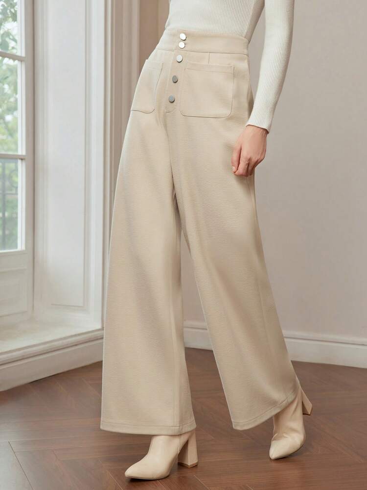 WOOL BUTTON FLY PATCH POCKET WIDE LEG PANTS