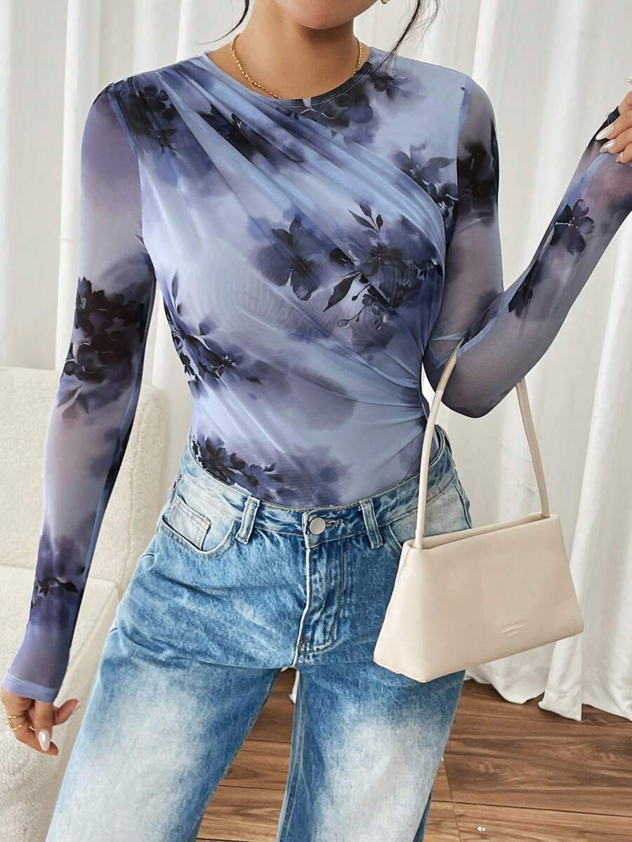 SHEIN Essnce Women's Women Costumes Floral Print Ruched Long Sleeve Bodysuit  Casual Fashion Pleated Mesh Floral Print Bodysuit   Fall & Winter  Fall Clothes