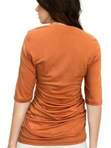 INAWLY 女式纯色 V 领 3/4 袖褶皱休闲商务 T 恤春夏季 - 鏽棕色 - 查看 2