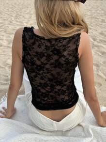 SHEIN EZwear Áo ba lỗ hở vai cổ chữ V ren đen đơn giản cho nữ - màu đen - Xem 2