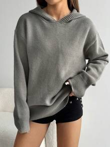 SHEIN Unity Autumn/Winter Casual Rabbit Ear Design Shiny Loose Knit Sweater Hoodie Knit Pullover Fall Outfit - Grey - View 5
