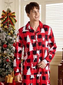 2 件男士前扣长袖全印花衬衫和裤子家居服套装 - 紅色 - 查看 3