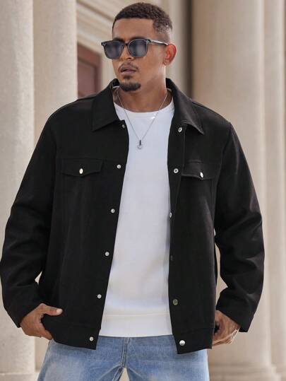 Manfinity Homme 大码男士休闲纯色夹克，秋季外出基本款黑色长袖轻便夹克，适合朋友、丈夫、男朋友的礼物