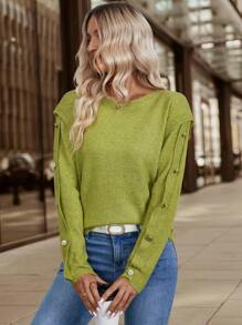 SHEIN LUNE Damen Lässig einfarbiger Rundhals Pullover, Frühling & Herbst, gestrickter Pullover Herbst Winter - Grün - Übersicht 1