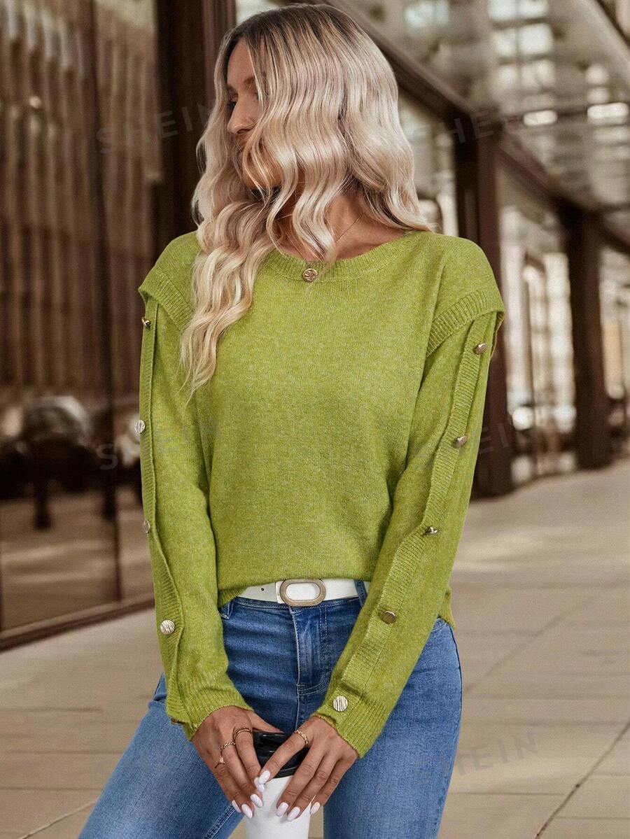 SHEIN LUNE Damen Lässig einfarbiger Rundhals Pullover, Frühling & Herbst, gestrickter Pullover Herbst Winter - Grün - Übersicht 1