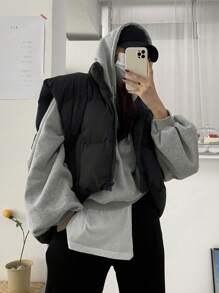 DAZY 女士纯色超大连帽短款运动衫、长袖上衣、秋装 - 灰色 - 查看 3