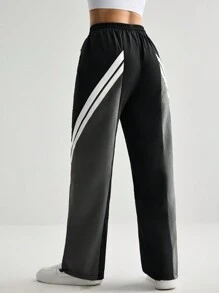 Streetz SHEIN Sport Women's Contrasting Splice Drawstring Waist Dance & Sports Long Pants - Black and White - View 2