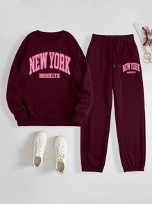 INAWLY 2 piezas Conjunto de sudadera con cuello redondo con estampado de letra y pantalón de chándal con cordón en la cintura para mujer, primavera otoño - Burdeos - Ver 6