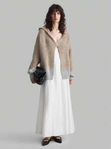 Ontre 新年渐变色针织单扣连帽灯笼袖开衫，卡其色和灰色，女士休闲宽松连帽毛衣，适合秋冬季 - 灰色 - 查看 5