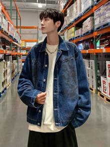 Claim Dot Men's Dark Blue Distressed Denim Jacket - Dark Wash - View 7