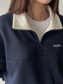 Dazy-Less Damen Kontrast-Farbblock Patchwork bestickter Buchstaben Sweatshirt, Langarm Oberteil, Herbstkleidung