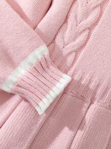 女婴粗针织褶皱连衣裙，翻领，粉色和白色，柔软面料，休闲学校假日装 - 粉色 - 查看 5