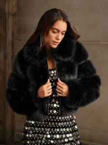 SHEIN X Phaith Montoya Anewsta Autumn Winter New Arrival Elegant Lady Faux Fox Fur Jacket, Fashionable Fur Coat For Women - Black - View 3