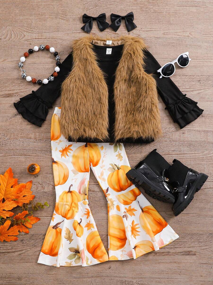 3 件套年轻女孩秋冬毛绒背心和纯色上衣和南瓜印花喇叭裤套装，感恩节万圣节服装 - 駝色 - 查看 1