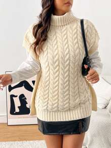 SHEIN Frenchy Plus Size Solid Color Turtleneck Minimalist Casual Sweater Vest