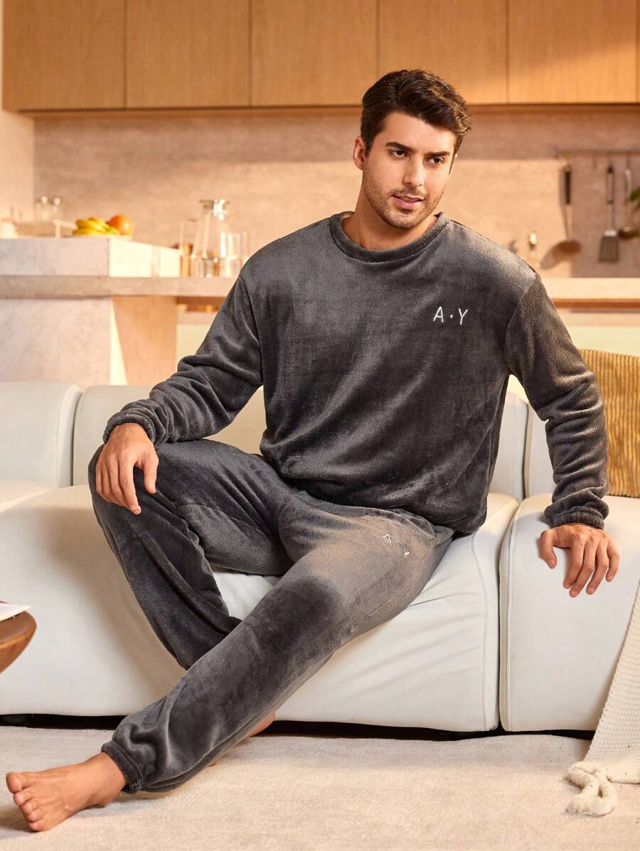 2pcs Men's Embroidery Letter Pattern Crew Neck Long Sleeve Top And Pants Casual Loungewear Set, Fall Winter Clothes, Fluffy Cozy - Dark Grey - View 1